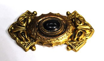 Czech, Gild Brass And Black Glass Brooch Victorian Revival