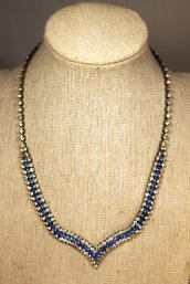 Art Deco Period Rhodium Plated Blue White Rhinestone Necklace 16'`