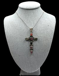 Vintage Sterling Silver Multi Color Stones Ornate Cross Necklace