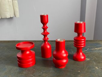 Set Of Red Mid Century West German Hand Turned Candlesticks