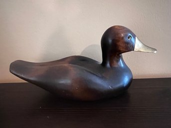 Vintage Hand Carved Wooden Decoy Duck With Brass Beak