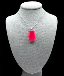 Beautiful Sterling Silver Large Hot Pink Chalcedony Stone Pendant Necklace