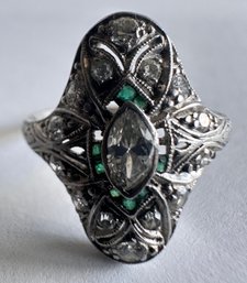Antique Diamond & Emerald Filligre Ring, Size 5.25, Unmarked