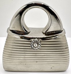 Vintage Carlo Fellini Silver Tone Metal Evening Bag With Rhinestone Clasp, Dust Cover Included