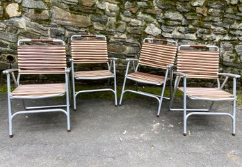 Four Vintage Folding Lawn Chairs With Strapping