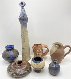 7 Hand Made Ceramic Sculpture, Pitcher, Vases & Mugs, Some Signed