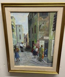 Framed Oil On Canvas Street Scene Signed