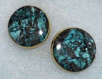 Striking 18K Gold And Turquoise Round Pierced Earrings