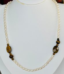 PEARL AND FACETED TIGER EYE STERLING SILVER NECKLACE