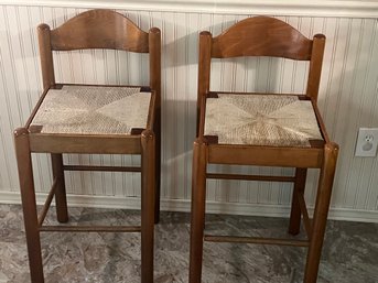 Pair Of Solid Hardwood Counter Stools With Bulrush Seat In Honey Brown Finish