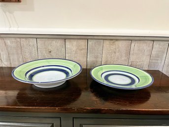 Pair Of Large Green And Blue Banded Plates - Made In Italy By Ancora