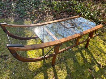 HandCrafted Wood Sled Base Glass Top Coffee Table