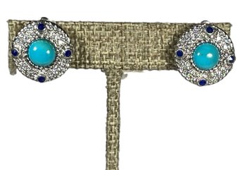 Pair Signed Judith Ripka Sterling Silver Turquoise And Sapphire Round Clip Earrings