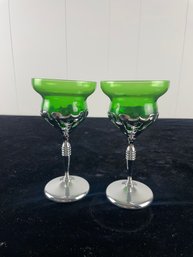 Pair Of Morgantown Forest Green & Chrome Wine Stems