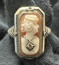 Exquisite Antique 14K White Gold Reversible Cameo  And Camphor Glass Ring 2 Diamonds 7 1/2