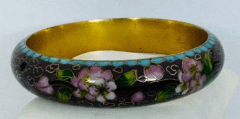 BEAUTIFUL VINTAGE QUALITY CLOISONNE GOLD TONE FLORAL BANGLE BRACELET