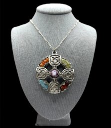 Beautiful Large Multi Color Stone Celtic Cross Necklace