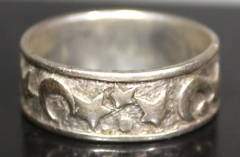 Vintage Sterling Silver Band Ring W Moons & Stars, Size 8