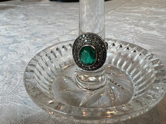 Vintage Possibly Antique Sterling Ring With Emerald Style Cabochon, Size 3.5