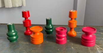 Set Of 7 Miscellaneous Mid Century West German Hand Turned Candlesticks