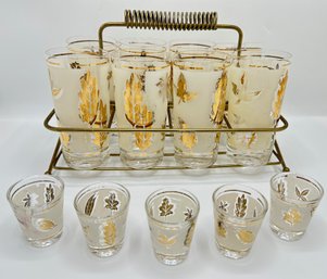 Set 13 Vintage Libbey 1960s  Gold Leaves Pattern Frosted Glasses & Shot Glasses With Caddy