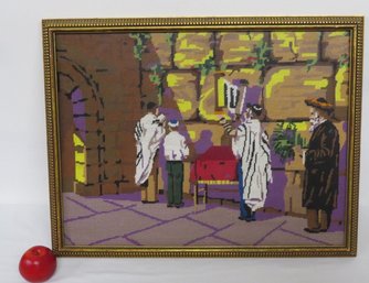 Large Needlepoint Work Of The Wailing Wall In Jerusalem, Mid-Century Gilded Frame