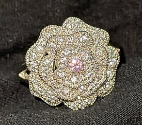 Gorgeous Sterling 3 Dimensional Diamonique CZ Rose Flower With Pink Stone Ring Size 11