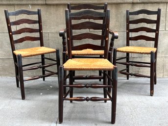 A Set Of 4 Vintage Ladder Back Rush Seated Dining Chairs