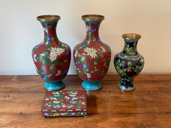 Lot Of 3 Cloisonne Vases With Box