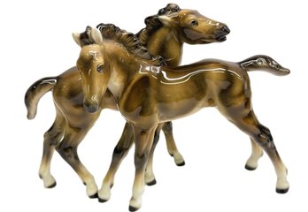 Porcelain Statue Of Two Brown And White Horses