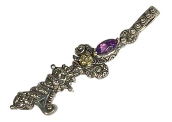 Fine Sterling Silver And 18K Gold 'key' Pendant Having Amethyst Stone By Bixby