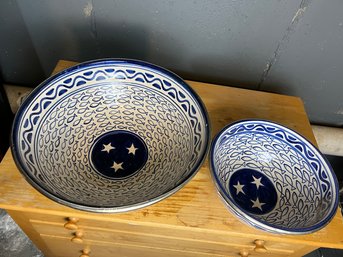 Pair Of Large Blue & White Ceramic Bowls With Fish & Star Motif