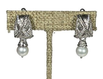 Pair Fine Judith Ripka Sterling Silver White Gemstone And Genuine Pearl Earrings Clips