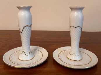 Zsolnay Hungary Pecs Porcelain Candlestick Holders With Gold Tone Accents