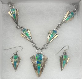 14k White Gold & Opal Necklace And Earring Set