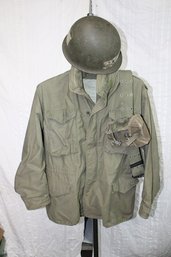 Vintage Military Field Jacket - Helmet - Web Belt  Used