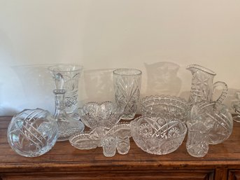 Large Lot Of Crystal Bowls Pitchers Vases Cut Glass
