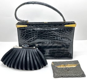 3 Vintage Handbags: Gimbel Bros,  Black Satin Evening Bag With Rhinestone Clasp & Small Rhinestone Pouch