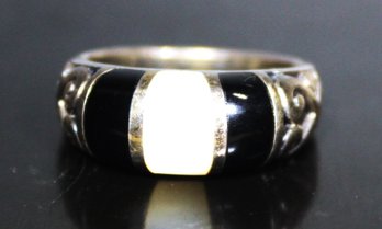 Mother Of Pearl Inlay Black Onyx Openwork Band Sterling Silver Ring Size 7.5