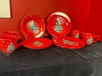 Gibson Hand Painted Red Christmas Mugs And Plates
