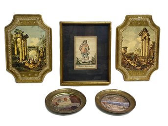 LF Labrousse Etching-pair Of Brass Foil Art Made In England And Two Vintage Florentine Pictures On Wood