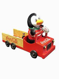 Vintage Coca-Cola 1998 Wood Truck And 1999 North Pole Bean Bag Plush Penguin #0263