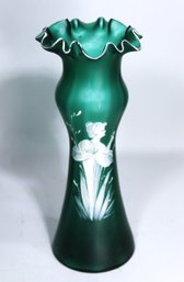 Victorian Frosted Green Hand Blown Mary Gregory Art Glass Vase Enameled