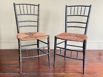 A Pair Of Faux Bamboo Chinese Chippendale Style Banquet Chairs With Rush Seats C. 1920's