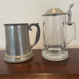 A Pair Of  Stein/Tankards STIEFF  PEWTER USA  & COLUMBIA 1901 Etched Ship Anchor Lid Old Spice West Germany