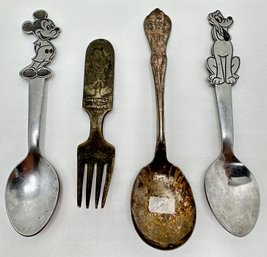 3 Vintage Disney Stainless & Silver Plate Spoons & Fork: Mickey Mouse, Pluto & Mary Poppins