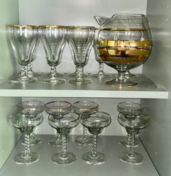 Assorted Lot Of 17 Gold Rimmed Glasses With Pitcher Included