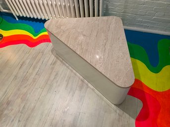1980s Travertine Marble And Cream Lacquer Rounded Triangle Side/coffee Table
