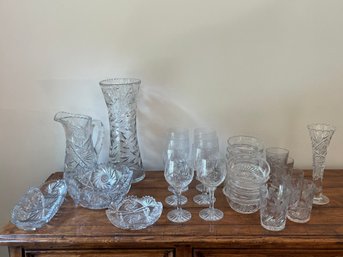 Large Lot Of Crystal Bowls Pitchers Vases Wine Glasses Cut Glass