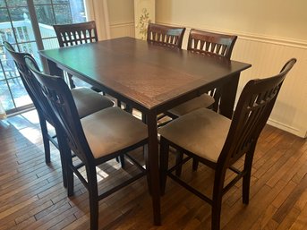 Counter Height Dining Table With Butterfly Leaf And 6 Spindle Back Chairs In Dark Walnut Finish